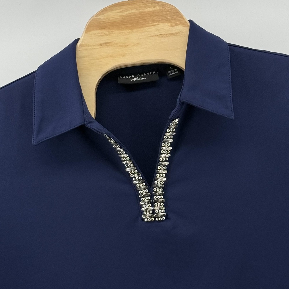 Susan Graver Artisan Shirt Large Navy Blue Embellished Collar Stretch Nautical